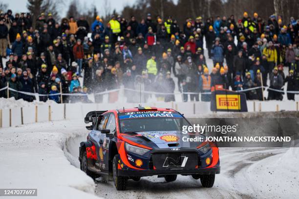 Thierry Neuville of Belgium and his co-driver Martijn Wydaeghe of Belgium steer their Hyundai i20 Rally 1 HYBRID during the so-called wolf power...