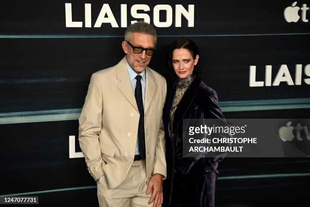 French actress Eva Green and French actor Vincent Cassel pose upon their arrival for the avant-premiere of the British-French television series...