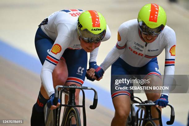 Great Britain's Katie Archibald and Elinor Barker compete in the Women's Madison during the UEC Track Elite European Championship in Grenchen on...