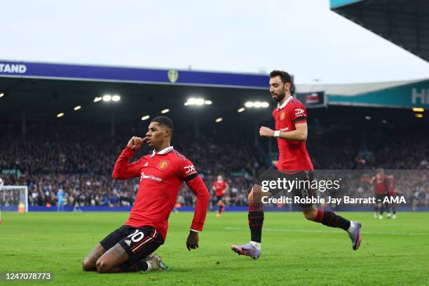 Marcus Rashford of Manchester United celebrates after scoring a goal to make it 0-1 during the Premier League match between Leeds United and...