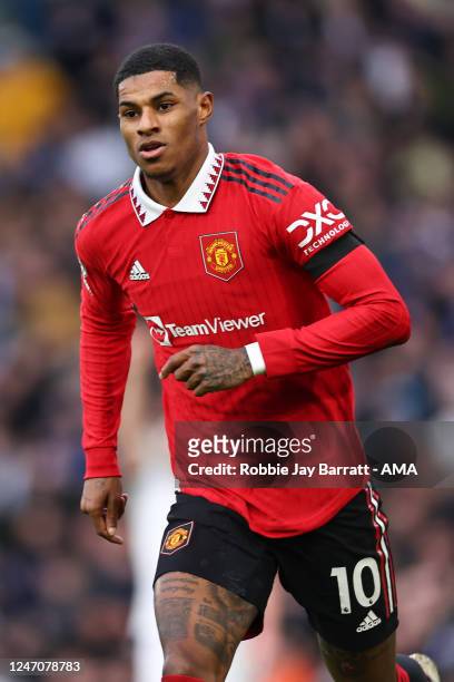Marcus Rashford of Manchester United celebrates after scoring a goal to make it 0-1 during the Premier League match between Leeds United and...