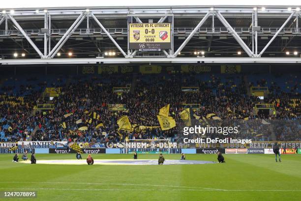 The supporters of Vitesse Arnhem prior to the Dutch Eredivisie match between SBV Vitesse and FC Utrecht at Gelredome on February 12, 2023 in Arnhem,...