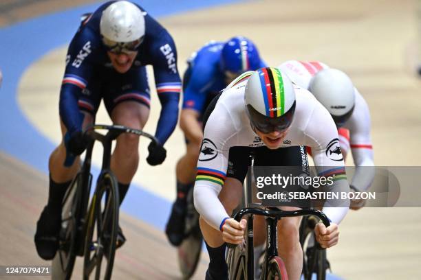 Netherlands' Harrie Lavreysen competes in the Men's Keirin final during the UEC Track Elite European Championship in Grenchen on February 12, 2023.
