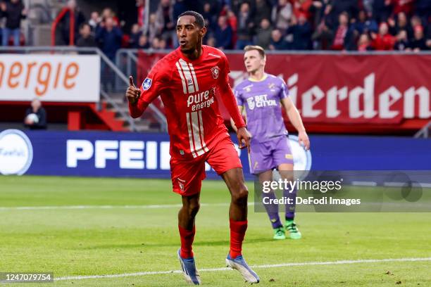 Joshua Brenet of FC Twente scores the 1-0 and celebrating his goal during the Dutch Eredivisie match between FC Twente and FC Volendam at De Grolsch...