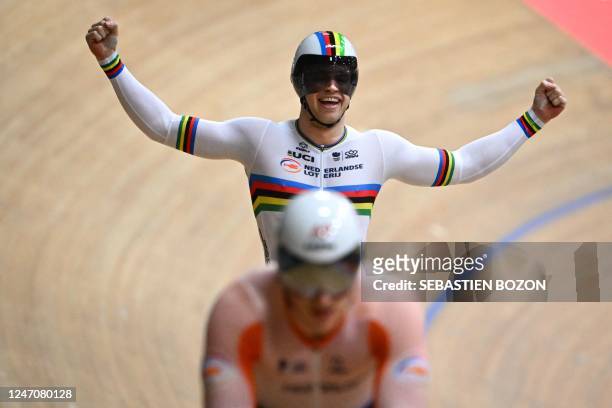 Netherlands' Harrie Lavreysen celebrates after winning the Men's Keirin final during the UEC Track Elite European Championship in Grenchen on...