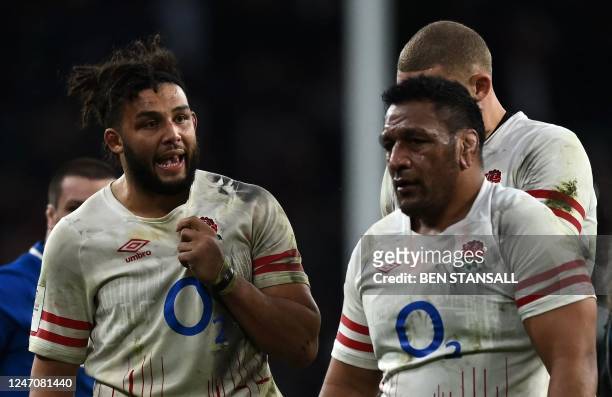 England's flanker Lewis Ludlow talks with England's prop Mako Vunipola after the Six Nations international rugby union match between England and...
