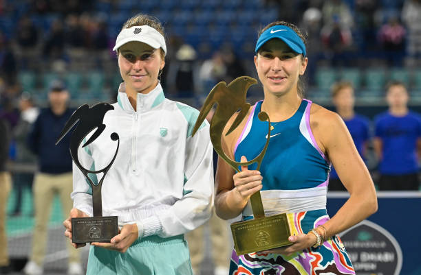 The winner of the Mubadala Abu Dhabi Open Belinda Bencic of Switzerland and runner-up Liudmila Samsonova of Russia pose together during the podium...