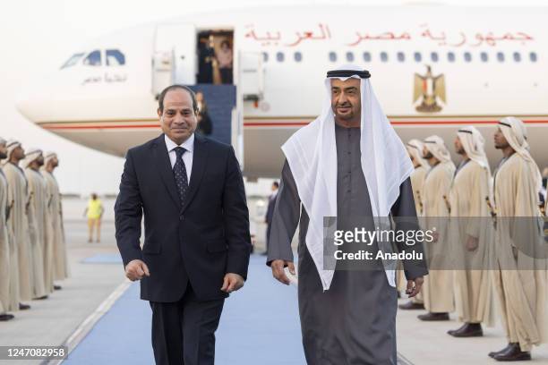 Egyptian President Abdel Fattah al-Sisi is welcomed by President of the United Arab Emirates , Sheikh Mohamed bin Zayed Al Nahyan, in Abu Dhabi,...