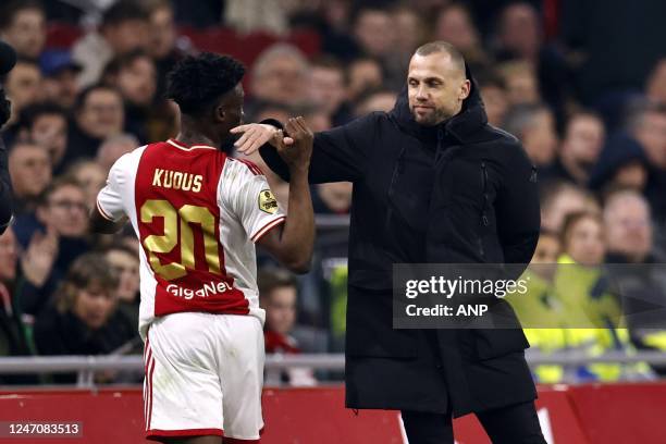 Mohammed Kudus of Ajax, Ajax coach John Heitinga during the Dutch premier league match between Ajax Amsterdam and RKC Waalwijk at the Johan Cruijff...