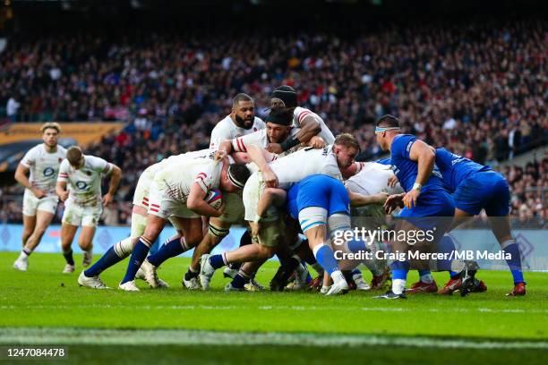 Jamie George of England is driven over the line to scores his sides third try during the Six Nations Rugby match between England and Italy at...