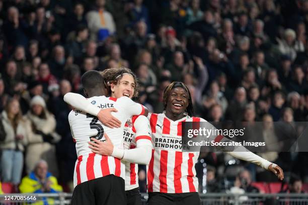 Fabio Silva of PSV celebrates 5-0 with Jordan Teze of PSV, Johan Bakayoko of PSV during the Dutch Eredivisie match between PSV v FC Groningen at the...