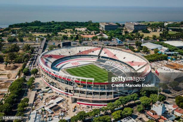 Aerial view of Estadio Mas Monumental Antonio Vespucio Liberti before a match between River Plate and Argentinos Juniors as part of Liga Profesional...