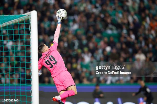Diogo Costa of FC Porto controls the ball during the Liga Portugal Bwin match between Sporting CP and FC Porto at Estadio Jose Alvalade on February...