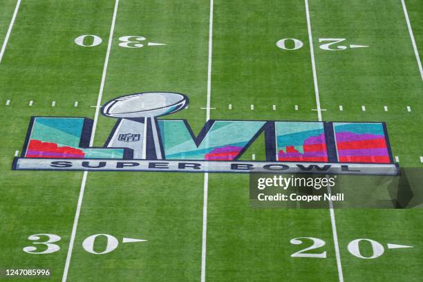 Elevated view of the LVII logo painted on the field prior to Super Bowl LVII between the Kansas City Chiefs and the Philadelphia Eagles at State Farm...