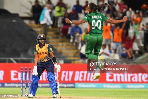 Bangladesh's Marufa Akter celebrates after bowling Sri Lanka's Anushka Sanjeewani during the Group A T20 women's World Cup cricket match between...