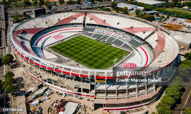 Aerial view of Estadio Mas Monumental Antonio Vespucio Liberti before a match between River Plate and Argentinos Juniors as part of Liga Profesional...