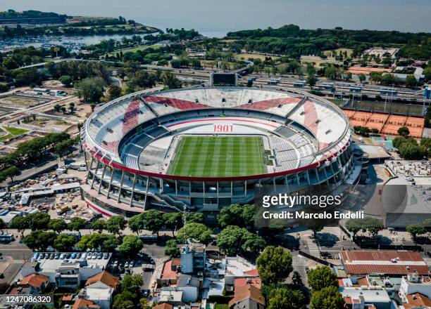 Aerial view of Estadio Mas Monumental Antonio Vespucio Liberti before a match between River Plate and Argentinos Juniors as part of Liga Profesional...
