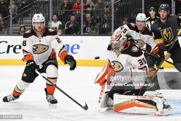 John Gibson of the Anaheim Ducks is scored on by Paul Cotter of the Vegas Golden Knights in the first period at T-Mobile Arena on February 12, 2023...