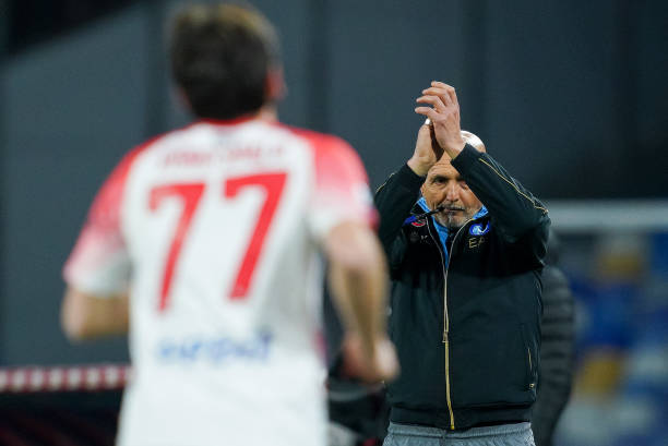 Luciano Spalletti of SSC Napoli claps his hands after Khvicha Kvaratskhelia of SSC Napoli celebrates after scoring first goal during the Serie A...