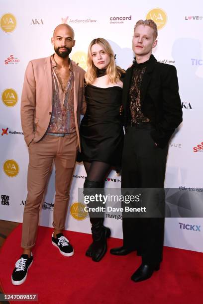 Marvin Humes, Aimee Lou Wood and John McCrea pose in the winners room at The WhatsOnStage Awards 2023 at The Prince of Wales Theatre on February 12,...