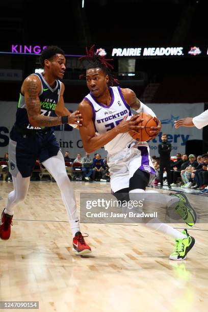 Wes Iwundu of the Stockton Kings handles the ball against the Iowa Wolves during an NBA G-League game on February 12, 2023 at the Wells Fargo Arena...