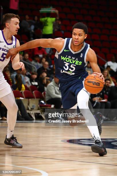 Dozier of the Iowa Wolves dribbles the ball against the Stockton Kings during an NBA G-League game on February 12, 2023 at the Wells Fargo Arena in...