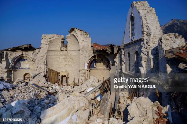 The destroyed Greek Orthodox Church of the historic southern city of Antakya is pictured on February 12 after a 7.8 magnitude earthquake struck the...