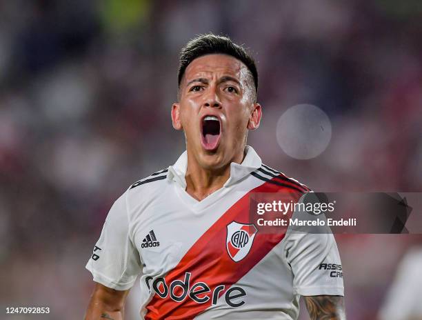 Esequiel Barco of River Plate celebrates after scoring the second goal of his team during a match between River Plate and Argentinos Juniors as part...