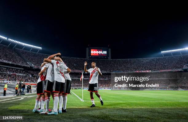 Esequiel Barco of River Plate celebrates with teammates after scoring the second goal of his team during a match between River Plate and Argentinos...
