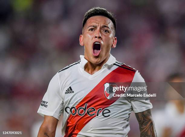 Esequiel Barco of River Plate celebrates after scoring the second goal of his team during a match between River Plate and Argentinos Juniors as part...