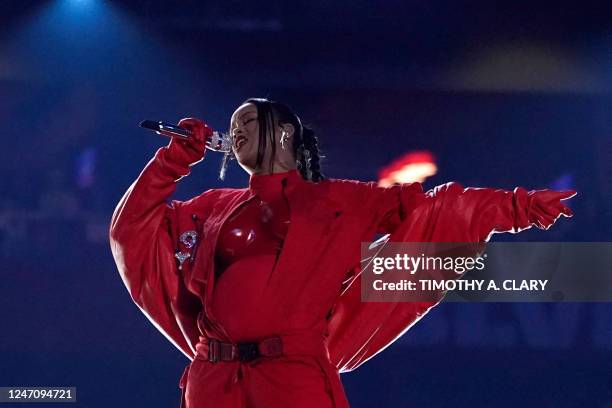 Barbadian singer Rihanna performs during the halftime show of Super Bowl LVII between the Kansas City Chiefs and the Philadelphia Eagles at State...