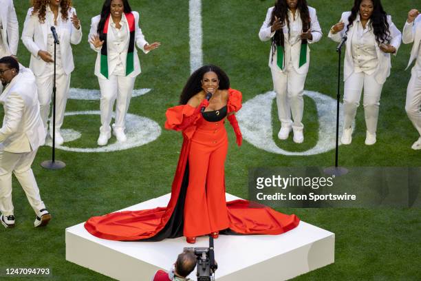 Sheryl Lee Ralph sings Lift Every Voice And Sing before Super Bowl LVII between the Philadelphia Eagles and the Kansas City Chiefs on Sunday,...