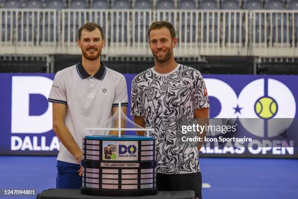Jamie Murray and Michael Venus pose with the Lamar Hunt trophy after winning the Doubles bracket at the Dallas Open on February 12, 2023 at the...