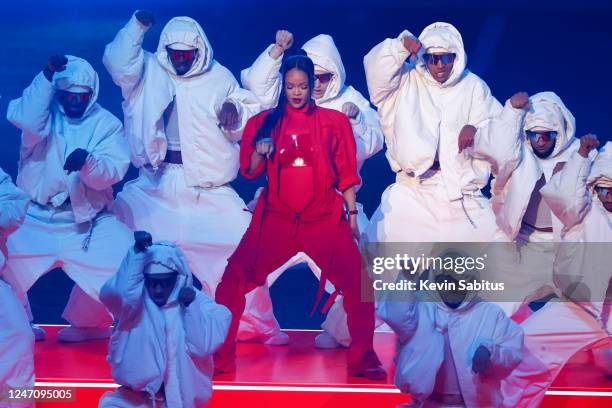 Rihanna performs during the Apple Music Super Bowl LVII Halftime Show at State Farm Stadium on February 12, 2023 in Glendale, Arizona.