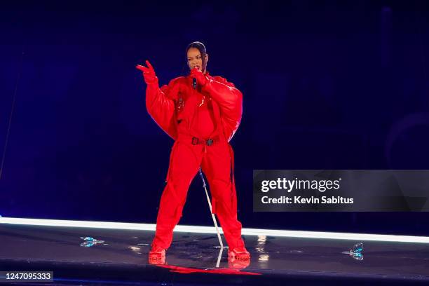 Rihanna performs during the Apple Music Super Bowl LVII Halftime Show at State Farm Stadium on February 12, 2023 in Glendale, Arizona.