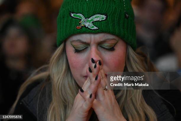 Brittany Adams reacts after the Philadelphia Eagles lose the Super Bowl at City Tap House on February 12, 2023 in Philadelphia, Pennsylvania. The...