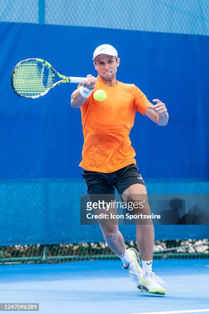 Aleksandar Vukic competes during the qualifying round of the ATP Delray Beach Open on February 12 at the Delray Beach Stadium & Tennis Center in...