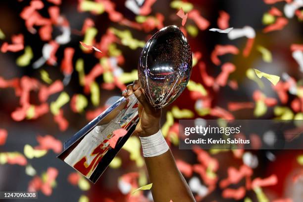 Close up view of the Vince Lombardi Trophy after Super Bowl LVII against the Philadelphia Eagles at State Farm Stadium on February 12, 2023 in...