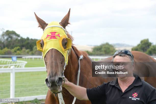 Damien Walkley with Iloveannie after winning the Mirboo North Hotel F&M BM58 Handicap at Stony Creek Racecourse on February 13, 2023 in Stony Creek,...