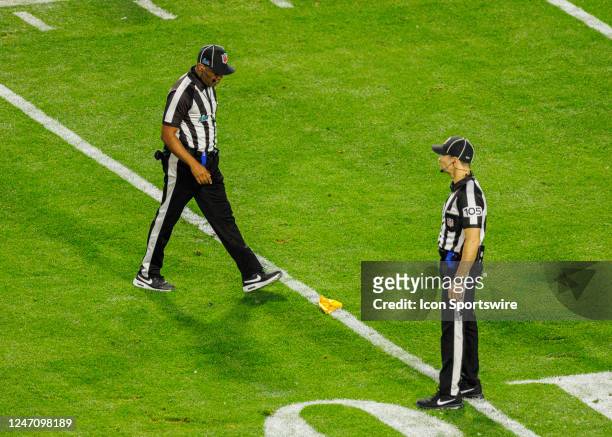 Referees throw a flag during Super Bowl LVII between the Philadelphia Eagles and the Kansas City Chiefs on Sunday, February 12th, 2023 at State Farm...