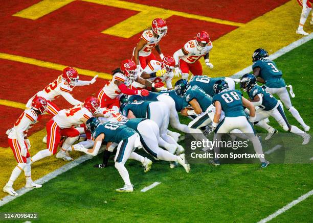 Philadelphia Eagles quarterback Jalen Hurts runs for a touchdown during Super Bowl LVII between the Philadelphia Eagles and the Kansas City Chiefs on...