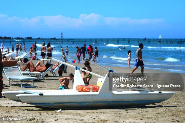 People visit Rimini beach on June 02, 2020 in Bologna, Italy. Many Italian businesses have been allowed to reopen, after more than two months of a...