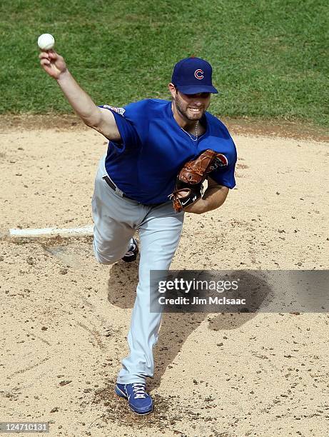 Randy Wells of the Chicago Cubs in action against the New York Mets at Citi Field on September 10, 2011 in the Flushing neighborhood of the Queens...