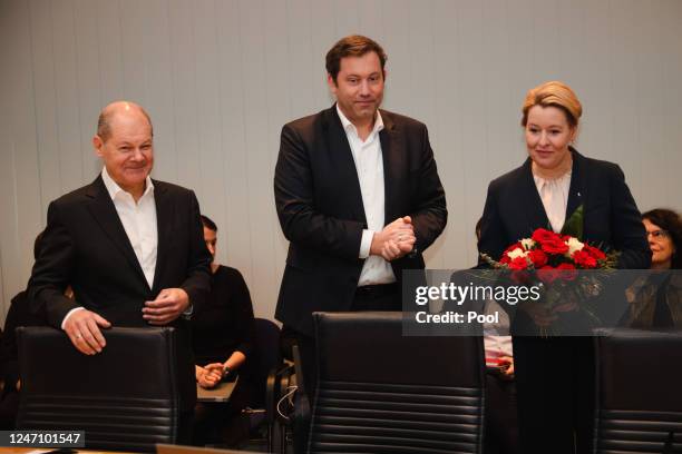 Olaf Scholz, Lars Klingbeil, Franziska Giffey during a meeting of SPD party's presidium, the day after the 2023 Berlin repeat state election on...
