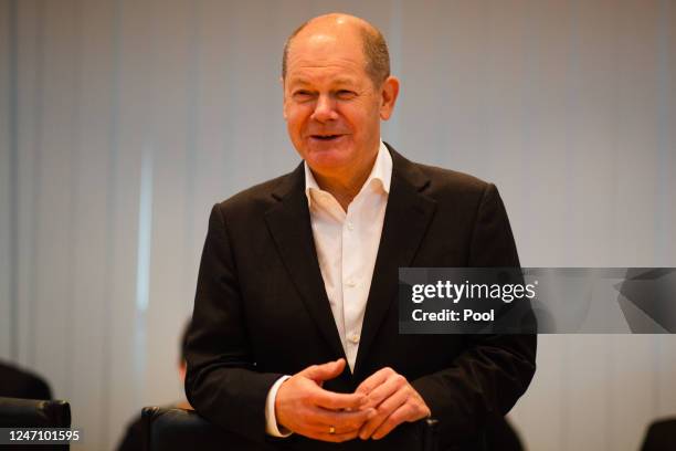 Olaf Scholz during a meeting of SPD party's presidium, the day after the 2023 Berlin repeat state election on February 13, 2023 in Berlin, Germany....