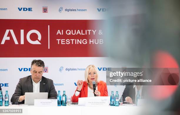 February 2023, Hesse, Frankfurt/Main: Kristina Sinemus , Digital Minister of Hesse, speaks at the press conference alongside Alf Henryk Wulf ,...