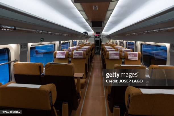 Coach of an AVE high-speed train is pictured at Barcelona-Sants railway station in Barcelona on February 13, 2023.