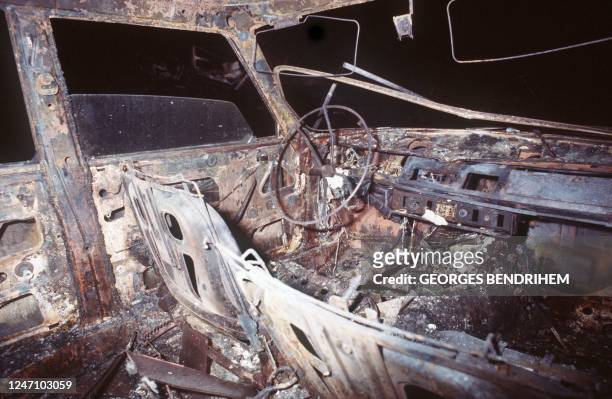 View dated 12 July 1978 of a burnt out car of "Los Alfaques" campsite devastated at 03 pm 11 July 1978 by a propane gas explosion after a truck...