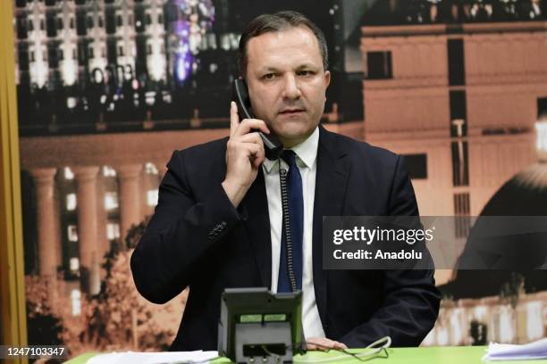 Macedonian Interior Minister Oliver Spasovski attends the fundraising program on "We are together for Turkiye and Syria" on a local TV in Skopje,...