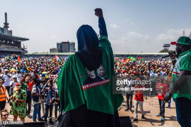 Aisha Yesufu, social and political activist, addresses the crowd during a campaign rally for Peter Obi, presidential candidate for the Labour Party,...